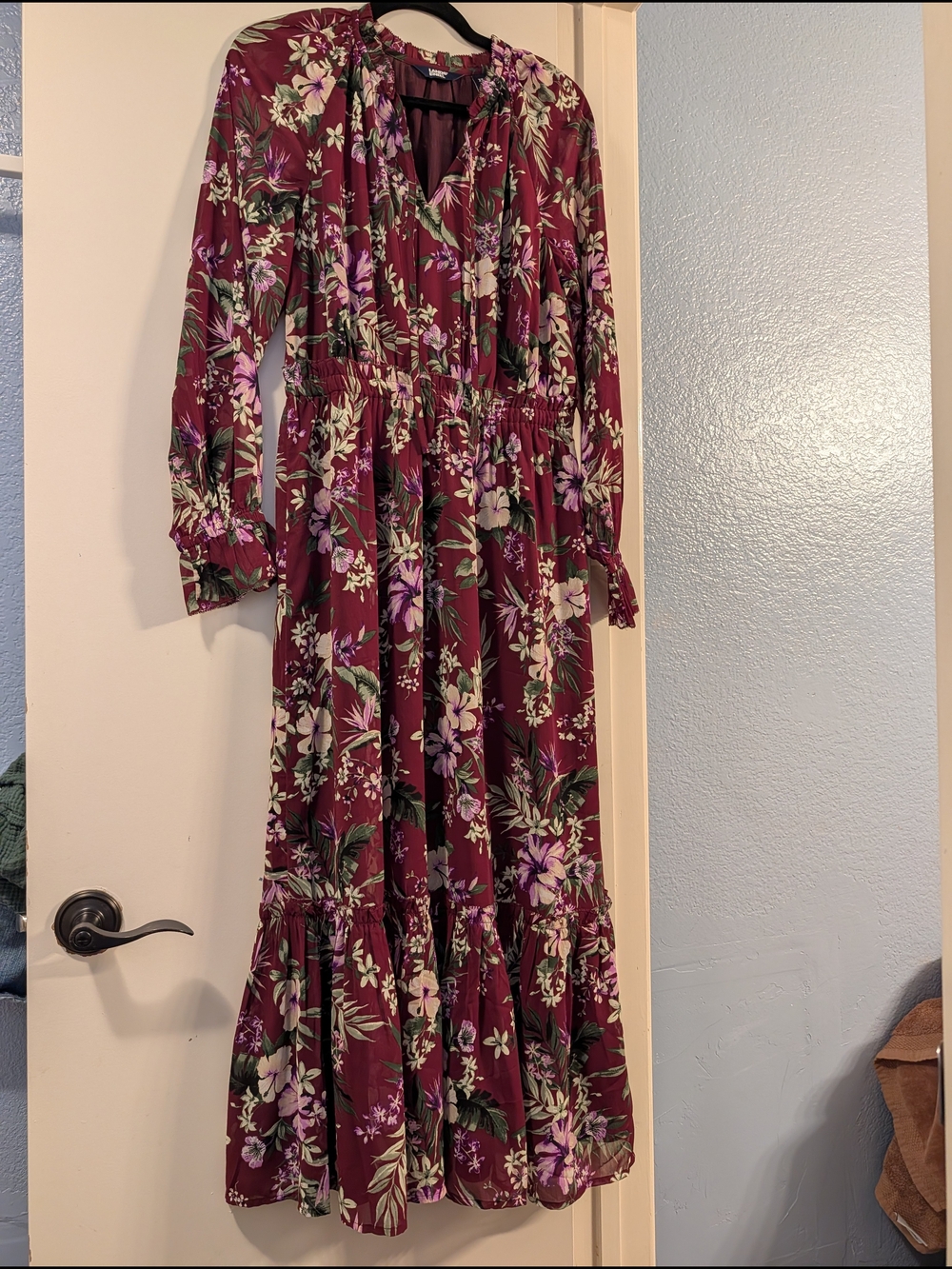 Land's End Floral Long Sleeve Chiffon Midi Dress - Burgundy